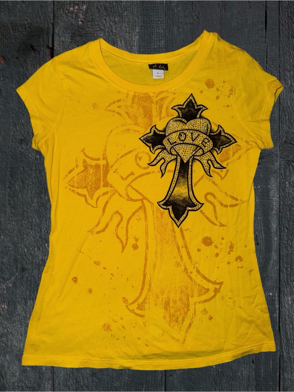 Y2k women’s mc bling Yellow Short Sleeve Tee with Black Cross and Heart Graphic